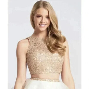 ELLIE WILDE MON CHERI Gold Embellished Crop Top - size 4